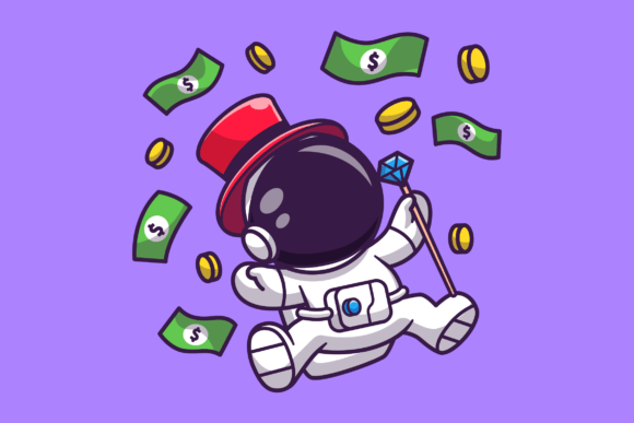 Cute Rich Astronaut Floating with Money – A Unique Icon for Creative and Business Use