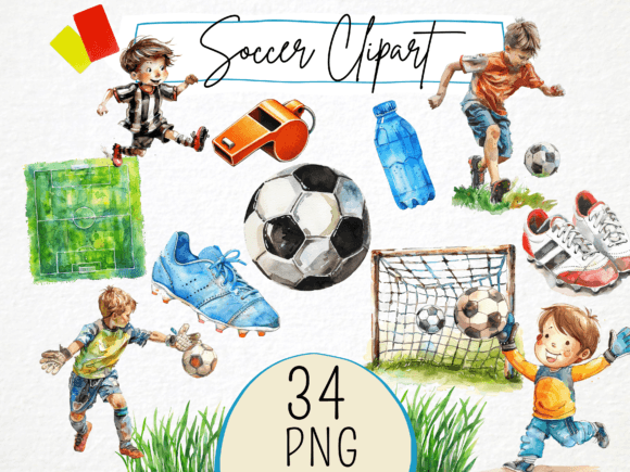 Cute Soccer Kids Watercolor Clipart for Creative Projects